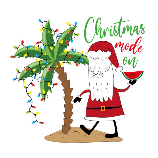 illustrazioni stock, clip art, cartoni animati e icone di tendenza di modalità natalizia attiva - saluto divertente con babbo natale nell'isola e palma con luci natalizie. - christmas palm tree island christmas lights