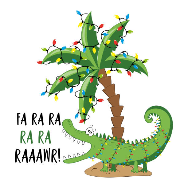 illustrations, cliparts, dessins animés et icônes de fa ra ra ra ra raaawr! -drôle d’alligator dans l’île avec des lumières de noël de palmier. - christmas palm tree island christmas lights