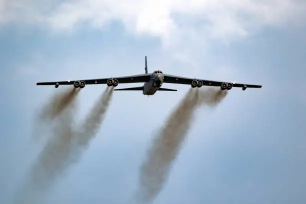 US Air Force Boeing B-52 Stratofortress bomber aircraft take off