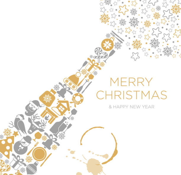 bildbanksillustrationer, clip art samt tecknat material och ikoner med happy new year and merry christmas greeting card poster design with flat champagne bottle with christmas icon and place for your text message. - champagne vin