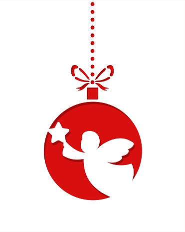 Simple red Christmas ornament with angel silhouette. Template for laser cut.
