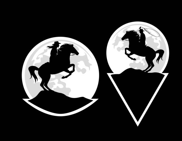 騎乗とカウボーイ乗馬馬を育て、投げ黒ベクトルシルエットステッカーセット - black background video点のイラスト素材／クリップアート素材／マンガ素材／アイコン素材