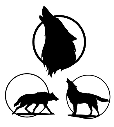howling and running wolf side view and profile head - black and white vector silhouette design set
