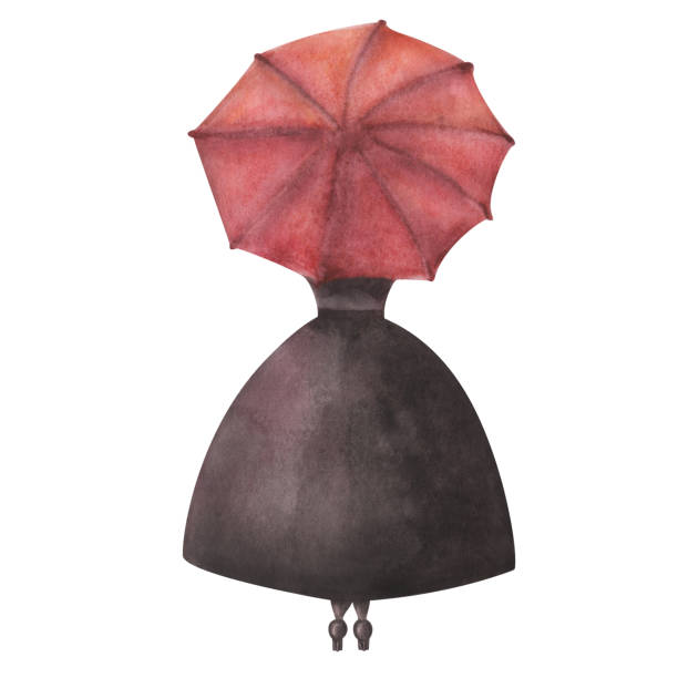 illustrations, cliparts, dessins animés et icônes de illustration à l’aquarelle peinte à la main d’une femme en robe noire avec parapluie rouge ouvert et grande jupe, debout ou marchant sous la pluie - rain women umbrella parasol