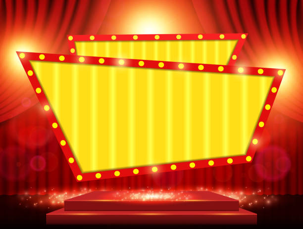 istock Background with red curtain, arch banner and spotlights. Design for presentation, concert, show 1351259820