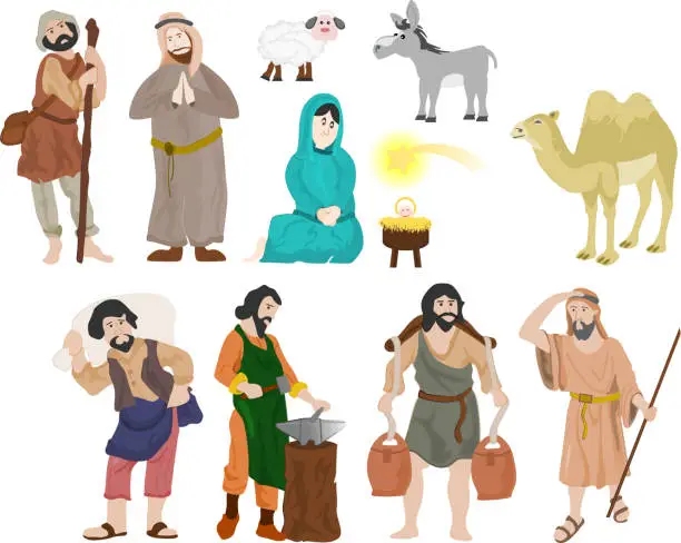 Vector illustration of Group of shepherds and figures for Christmas nativity scene