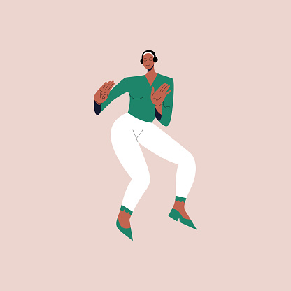 Happy black woman dance to the music while listening to it with headphones. Feminine cartoon character dancing from joy and fun. Vector illustration in flat style.