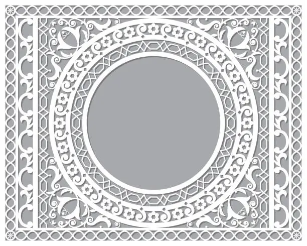 Vector illustration of Moroccan vector openwork rectangle frame or border design with empty space for text in DL format, inspired by folk art patterns from Morocco