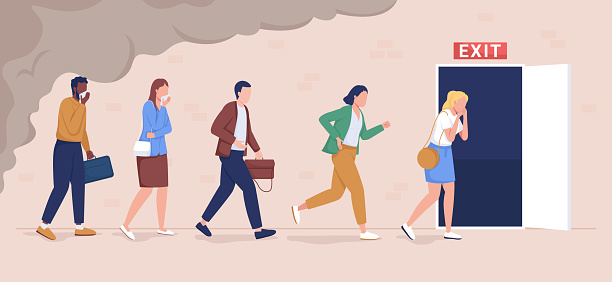 Office workers evacuation from building flat color vector illustration