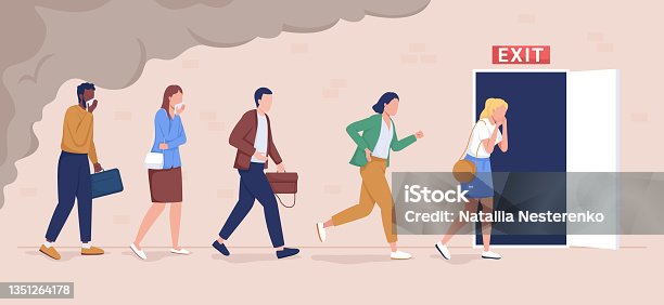 istock Office workers evacuation from building flat color vector illustration 1351264178