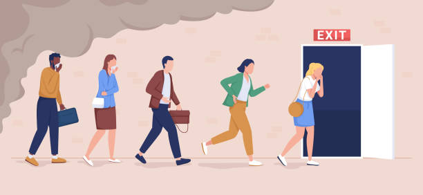 Office workers evacuation from building flat color vector illustration Office workers evacuation from building flat color vector illustration. Building occupants follows escape route. People leaving facility 2D cartoon characters with emergency exit sign on background escaping illustrations stock illustrations