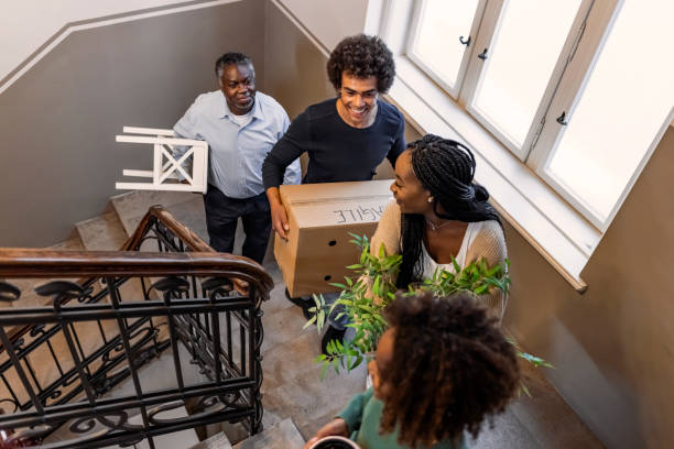 close up of a african family moving home - moving house apartment couple box imagens e fotografias de stock