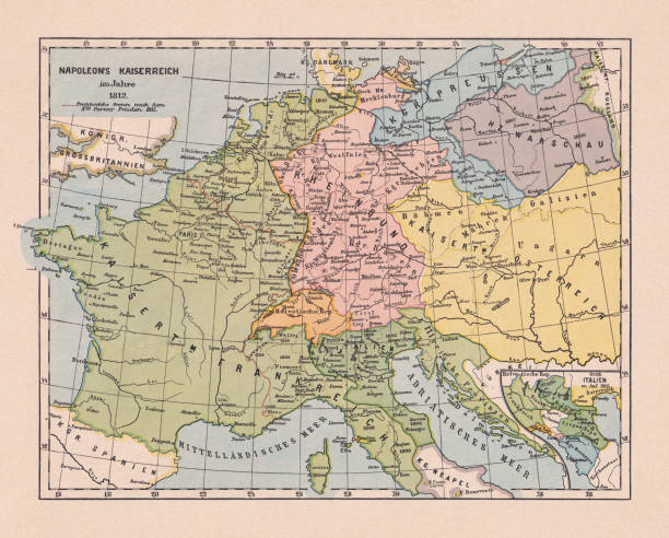 Map of the Napoleonic Empire in 1812, chromolithograph, published 1900 Historical map of the Napoleonic Empire in 1812. map of the Napoleonic Empire in 1812. Chromolithograph, published in 1900. empire stock illustrations