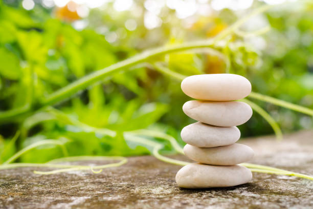 istock Stack pyramid stone zen pebbles nature on cement with blur green leaves 1351265345