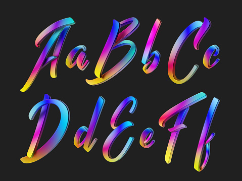 3d render of colorful calligraphic font set.