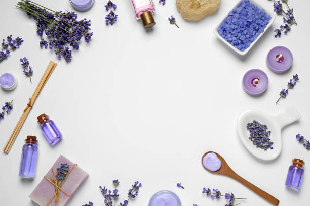 istock Cosmetic products and lavender flowers on white background, flat lay 1351266908