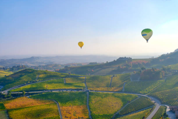 istock Hot air balloon flying over Langhe vineyards. Color image 1351267975