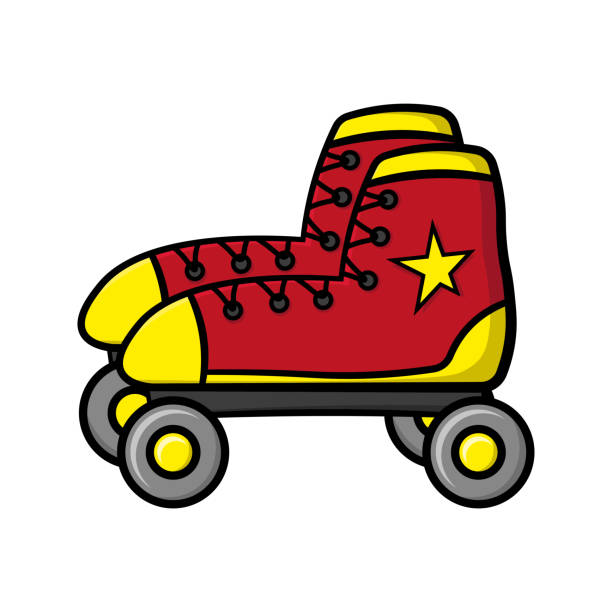 ilustrações de stock, clip art, desenhos animados e ícones de beautiful red cartoon roller skates icon. side view. colored contour silhouette. vector flat graphic hand drawn illustration. the isolated object on a white background. isolate. - roller skate