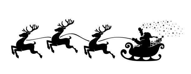 Santa Claus in sleigh with reindeer Santa Claus Silhouette in sleigh full of gifts with reindeers. Merry christmas and Happy new year decoration. Vector on transparent background santa sleigh cutout stock illustrations