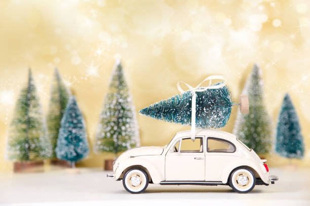 Little car with christmas tree stock photo