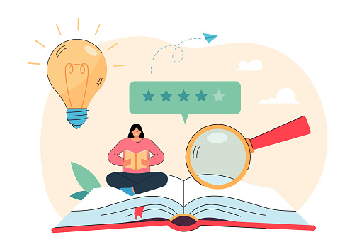 Tiny female customer reading book with good feedback. Research and analysis of book service from girl flat vector illustration. Quality rating of literature, satisfaction, consumer review concept