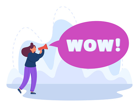 Woman giving loud shout WOW in megaphone or loudspeaker. Female speaker drawing attention of people and advertising her business flat vector illustration. Information, creative message concept