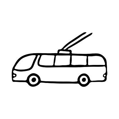 Trolleybus icon. Side view. Linear sketch drawing. Black contour silhouette. Vector flat graphic hand drawn illustration. The isolated object on a white background. Isolate.