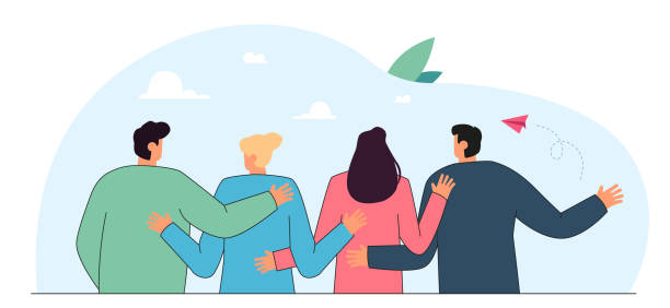 Crowd of friends or team of office workers hugging from behind Crowd of friends or team of office workers hugging from behind. Diversity of community and cohesion of people standing together flat vector illustration. Communication, solidarity, teamwork concept man touching womans buttock stock illustrations