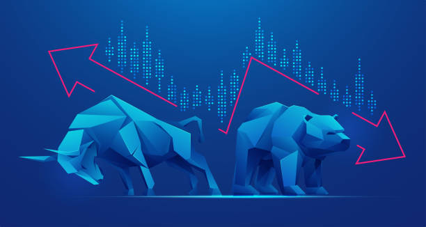 stockFighter concept of stock market exchange or financial analysis, polygon bull and bear with futuristic element bull market stock illustrations