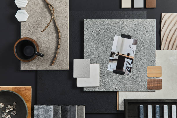 istock Flat lay composition of creative black architect mood board with samples of building, textile and natural materials and personal accessories. Top view, black background, template. 1351275161