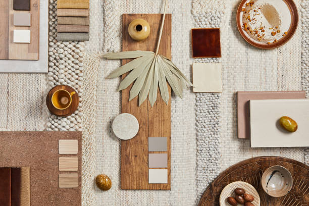istock Flat lay design of creative architect mood board composition with samples of building, beige textile and natural materials and personal accessories. Top view, template. 1351275177