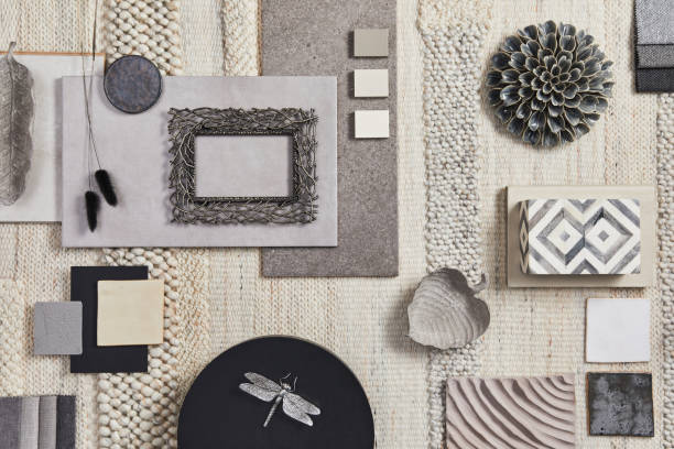 istock Flat lay design of creative architect mood board composition with samples of building, beige textile and natural materials and personal accessories. Top view, template. 1351275180