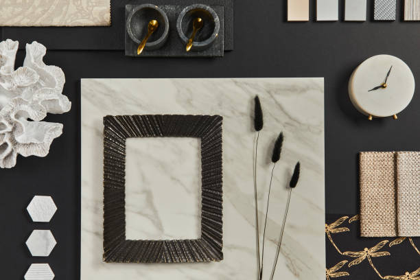 istock Flat lay composition of creative black architect mood board with samples of building, textile and natural materials and personal accessories. Top view, black background, template. 1351275193