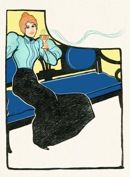 ilustrações de stock, clip art, desenhos animados e ícones de young woman sitting drinking wine art nouveau 1898 - women victorian style retro revival art nouveau