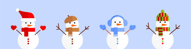 ilustrações de stock, clip art, desenhos animados e ícones de set of snowmen in colorful hats and scarves on a blue background - scarf hat green glove
