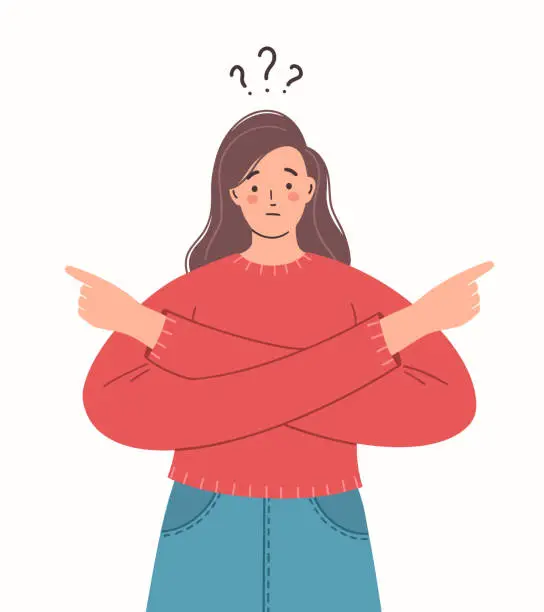 Vector illustration of Confused woman makes a choice. Difficult choice between two options. Making decision.