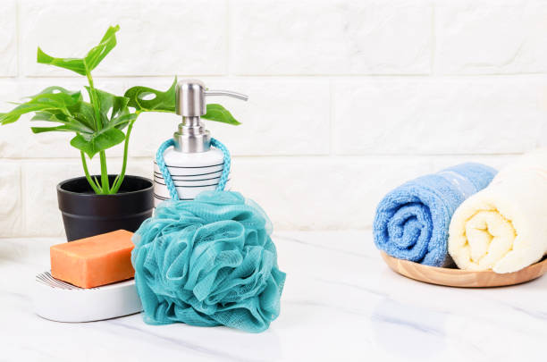 istock Shower sponge and shampoo pump bottle 1351277888