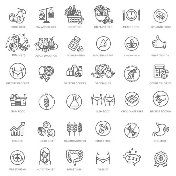 Web Set of Nutrition, Healthy food and Detox Diet Vector Thin Line Icons Healthy Lifestyle - Dieting Icons. Icons as Obesity, Count Calories, Palm oil free, Probiotics and more dietary fiber stock illustrations