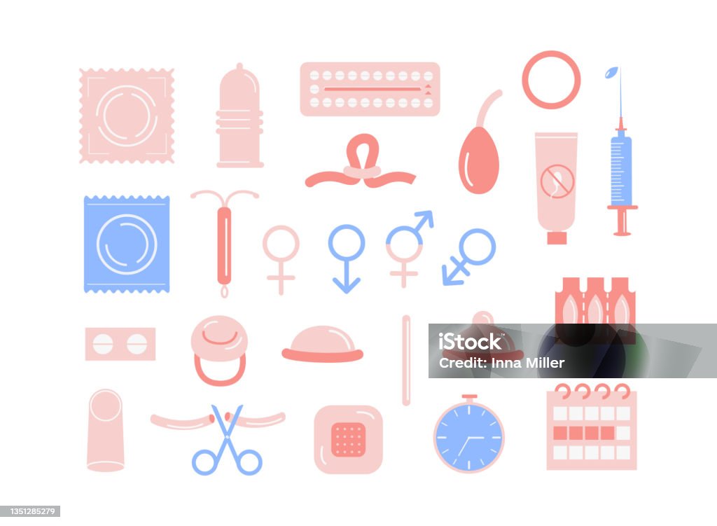 Contraception colored flat icons set. Birth control methods. Contraceptive patch, hormonal ring, IUD, injection, pills, diaphragm, condom, sponge, spermicides, sterilization. Safe sex vector elements. Contraception colored flat icons set. Birth control methods. Contraceptive patch, hormonal ring, IUD, pills, diaphragm, condom and sponge, spermicides, sterilization. Safe sex vector elements Contraceptive stock vector