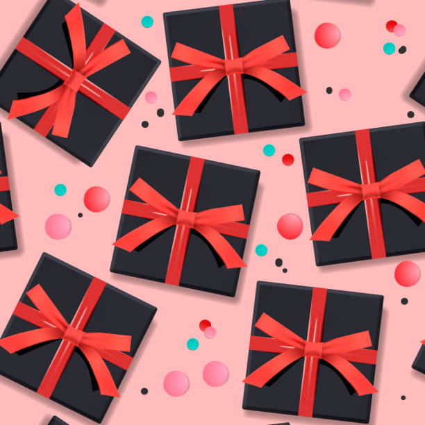 istock Seamless pattern of black gift boxes with red ribbon bow. Holiday design for birthday, New year, Christmas, vector illustration 1351285542