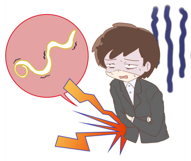 anisakiasis Clip art of a person suffering from abdominal pain caused by anisakis sick leave cartoons stock illustrations