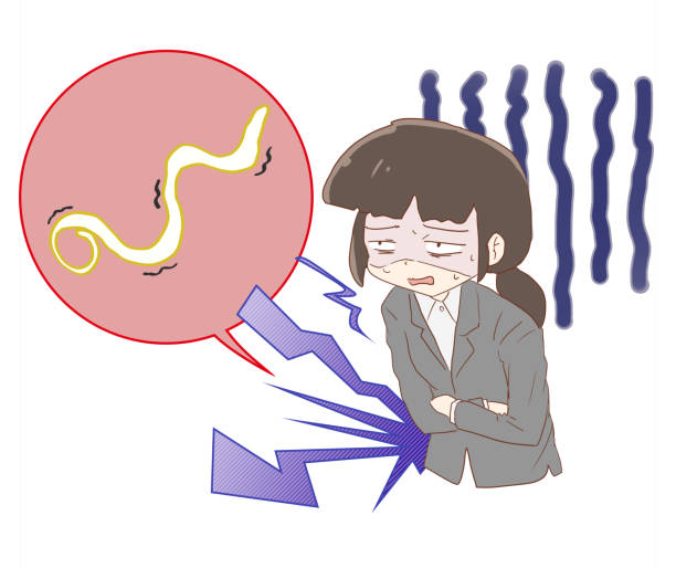 anisakiasis Clip art of a person suffering from abdominal pain caused by anisakis sick leave cartoons stock illustrations