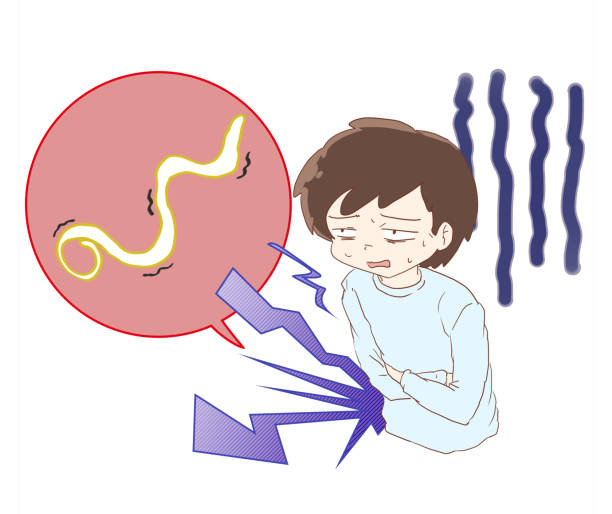 anisakiasis Clip art of a person suffering from abdominal pain caused by anisakis sick leave cartoons stock illustrations