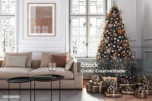 istock Christmas Tree in living room  interior - stock photo 1351286982