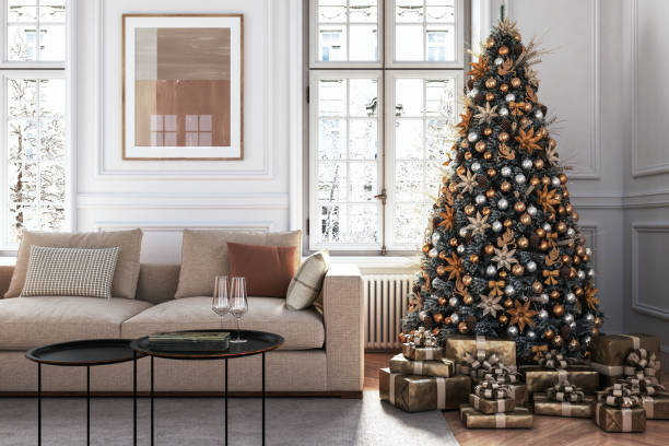 christmas tree in living room  interior - stock photo - christmas tree stok fotoğraflar ve resimler