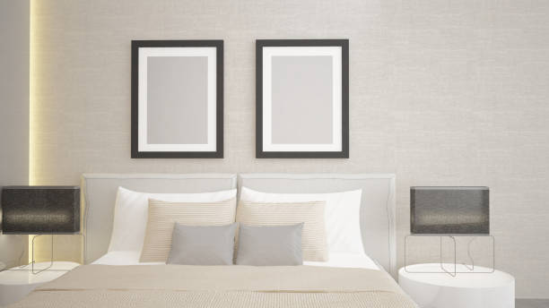 istock Mockup frame on wallpaper and bed,Poster Mockup 1351288989