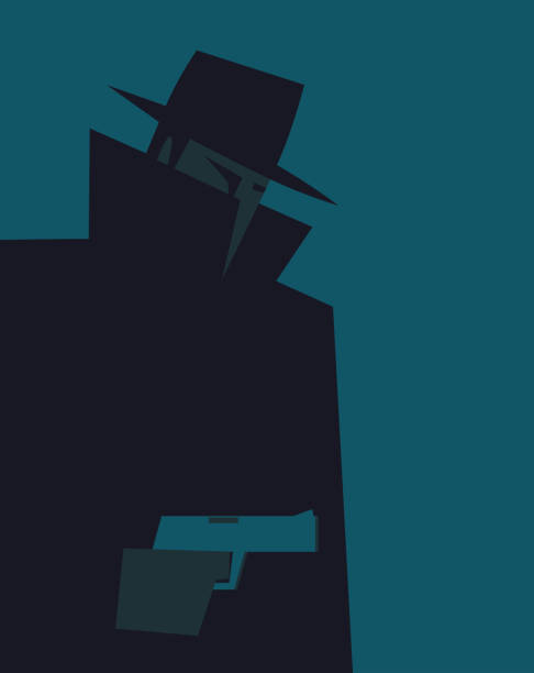 Misterious man holding gun. Silhouette of abstract man wearing fedora hat and raincoat with raised collar holding gun. Vintage style illustration. film noir style stock illustrations