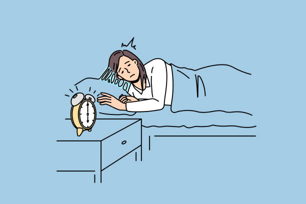 ilustraciones, imágenes clip art, dibujos animados e iconos de stock de sensación de sueño y concepto de despertador - sleeping insomnia alarm clock clock