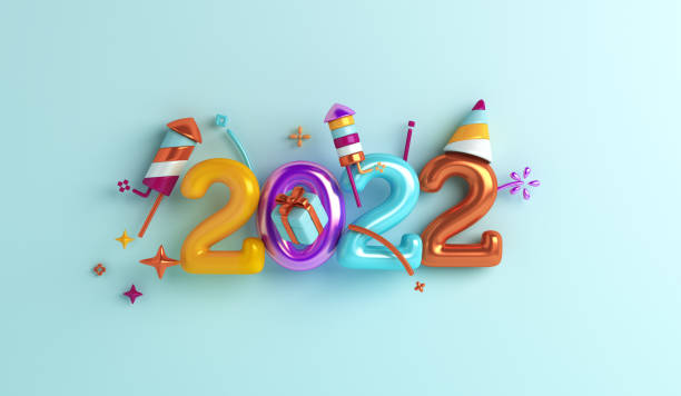 Happy new year 2022 decoration background with firework rocket, gift box, 3D rendering illustration
