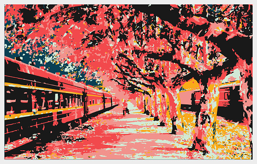 Vector colors engraving style railway station landscape,Nanjing City - JiangSu Province,China